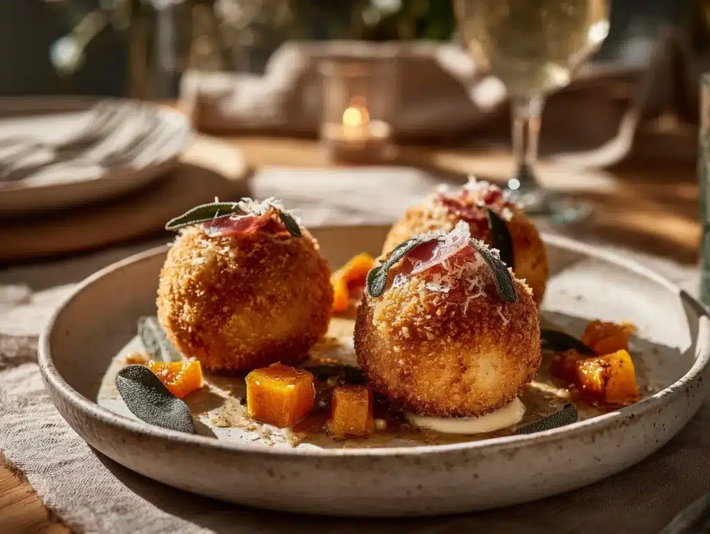 crispy pancetta pumpkin sage arancini - featured image