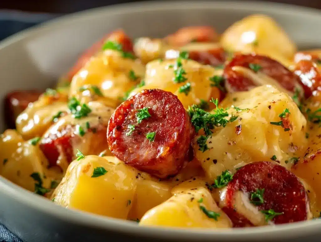 Crockpot Cheesy Potatoes and Kielbasa - featured image