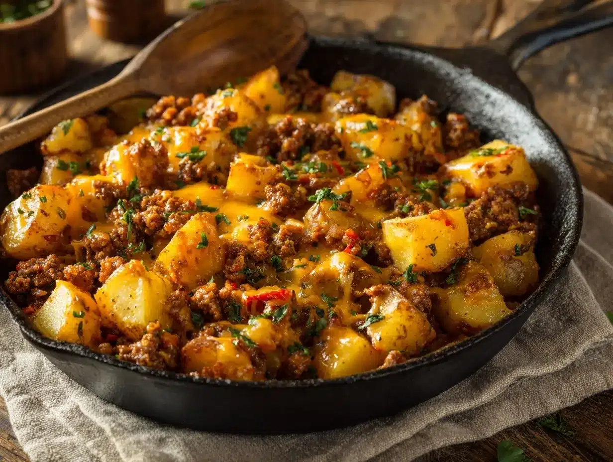 Loaded Cheesy Ground Beef Skillet preparation steps