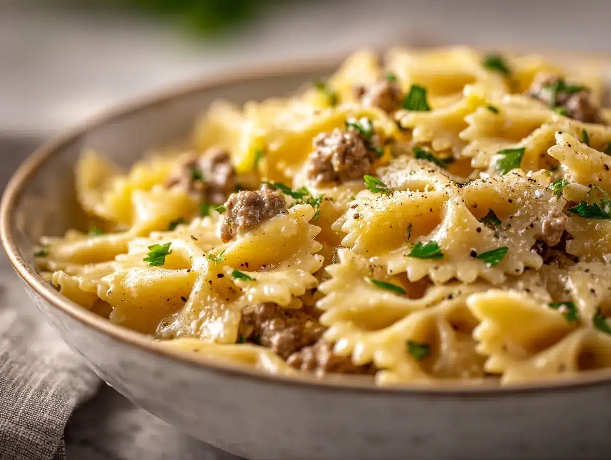 Parmesan Garlic Beef Bowtie Pasta preparation steps