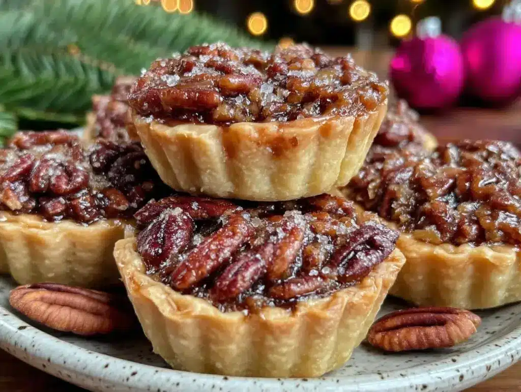 chocolate bourbon mini pecan tarts - featured image