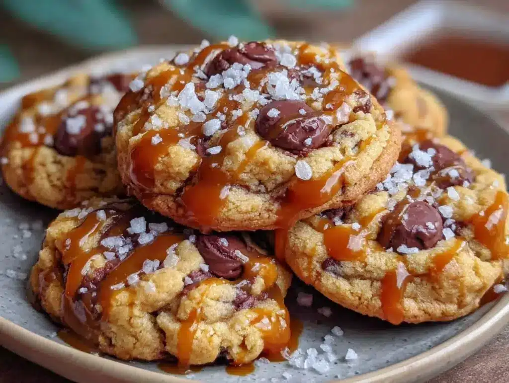 crispy brown butter salted caramel chocolate chip cookies - featured image