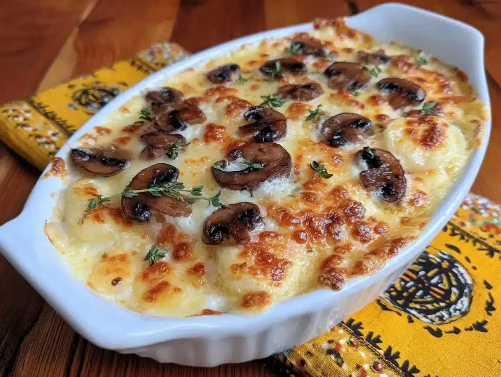 crispy provolone mushroom potato gratin - featured image