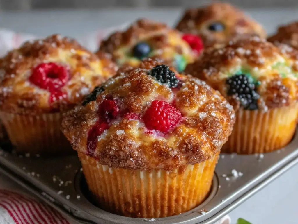 triple berry streusel muffins - featured image