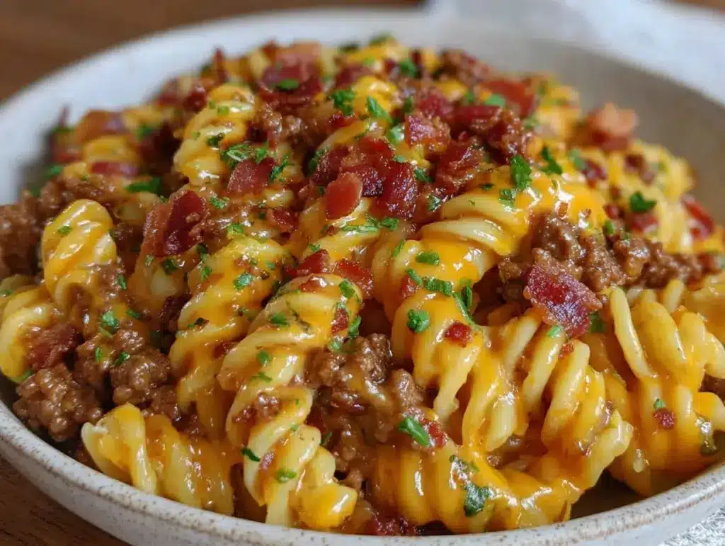 creamy bacon cheeseburger pasta bake - featured image