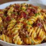 creamy bacon cheeseburger pasta bake - featured image