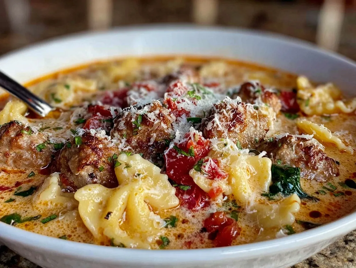 Creamy Tuscan Sausage and Tomato Pasta Soup preparation steps