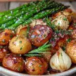 crispy garlic herb roasted spring vegetables - featured image