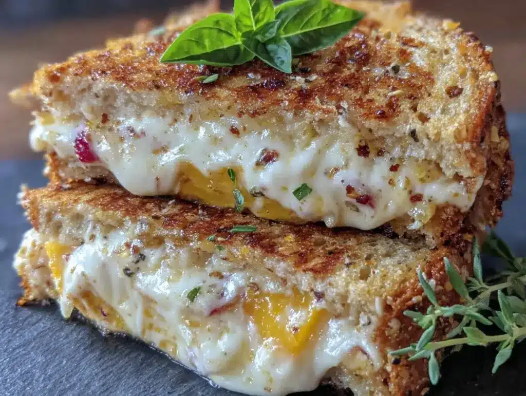 crispy grilled cheese with honey peaches - featured image