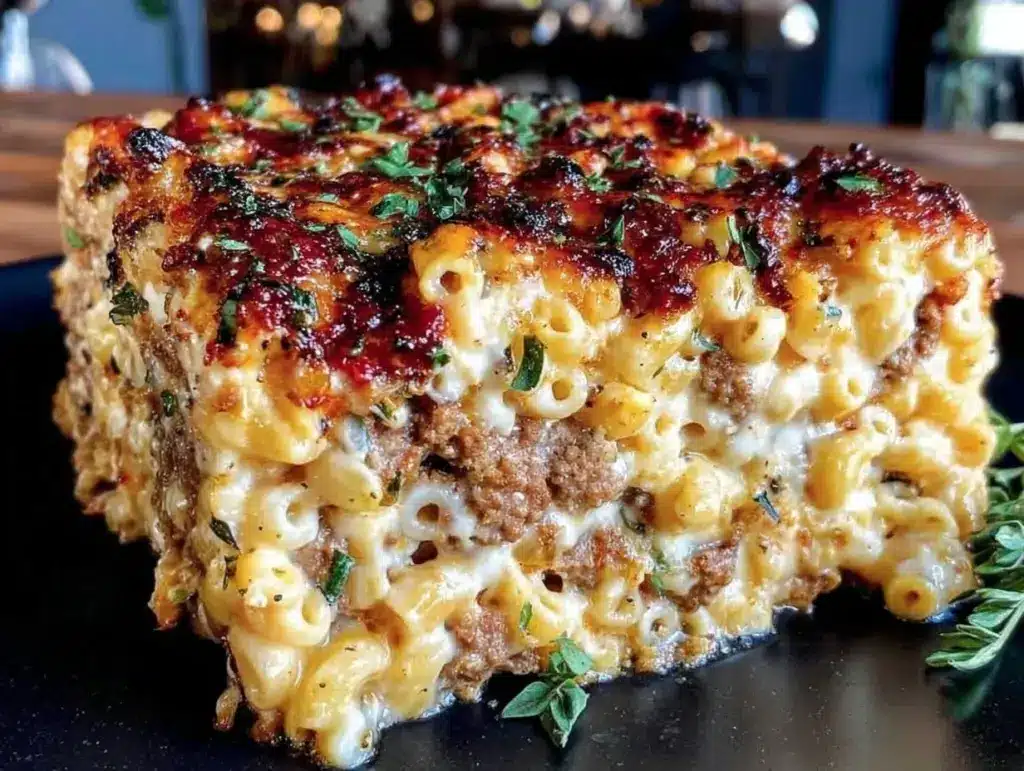crispy mac and cheese meatloaf casserole - featured image