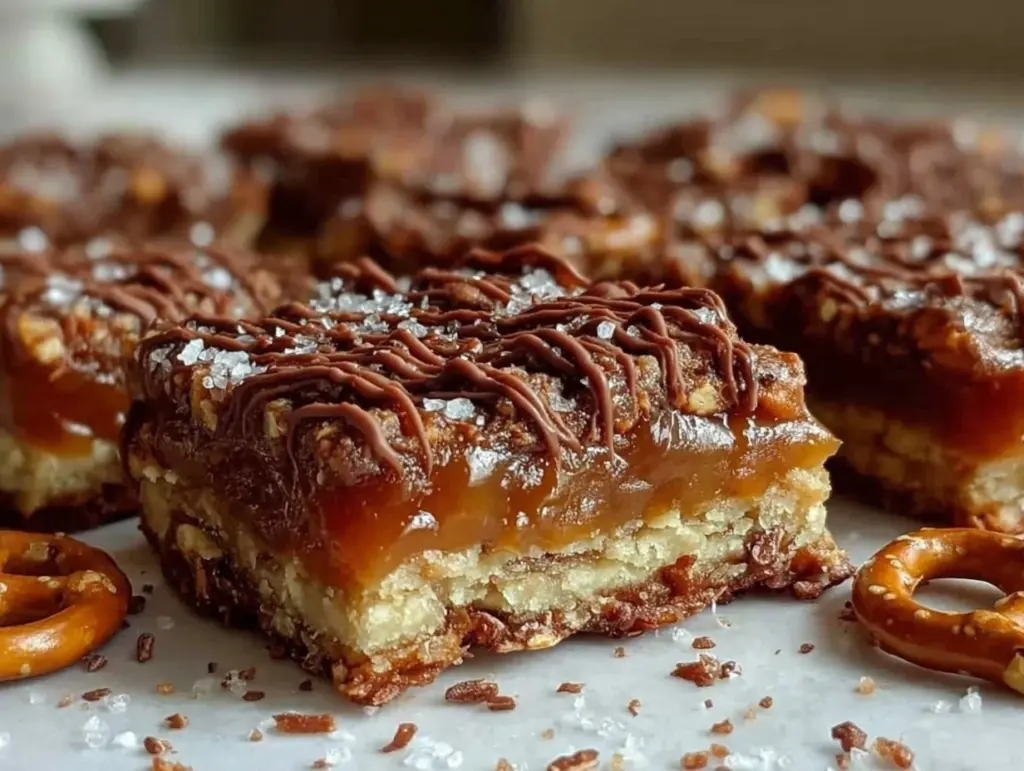 crispy salted caramel pretzel bark - featured image