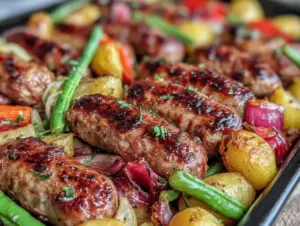 easy crispy sheet pan sausage and vegetables - featured image