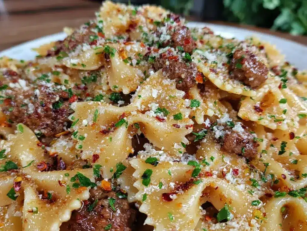 Garlic Butter Bowtie Pasta with Beef - featured image