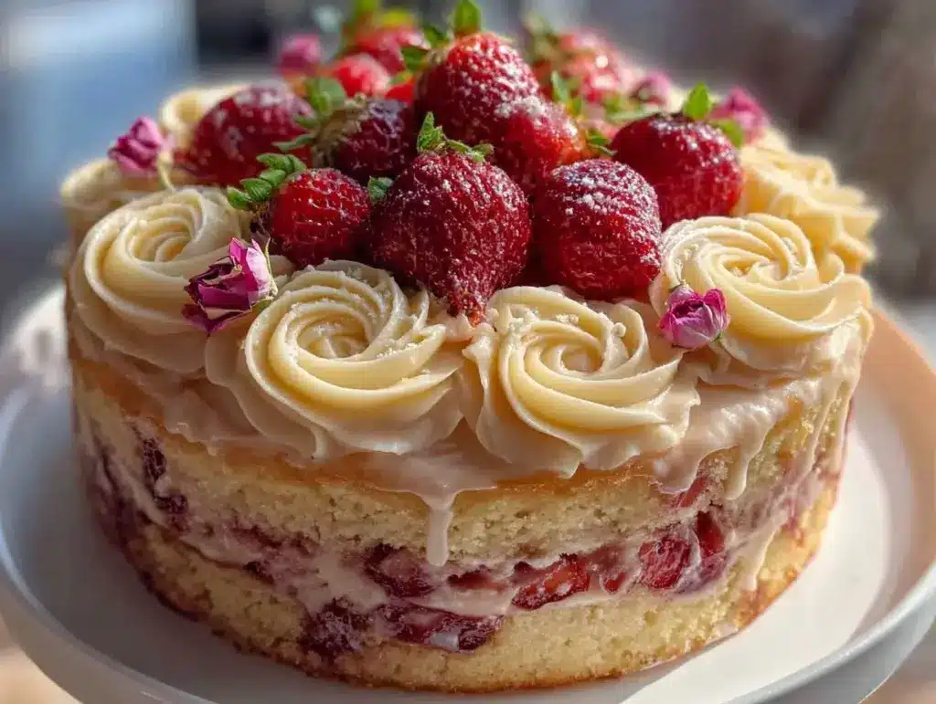 strawberry rose champagne cake - featured image