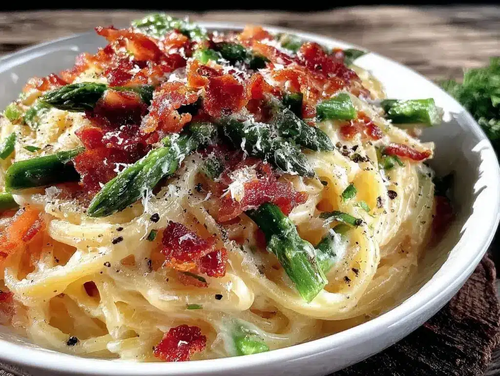 creamy asparagus carbonara - featured image
