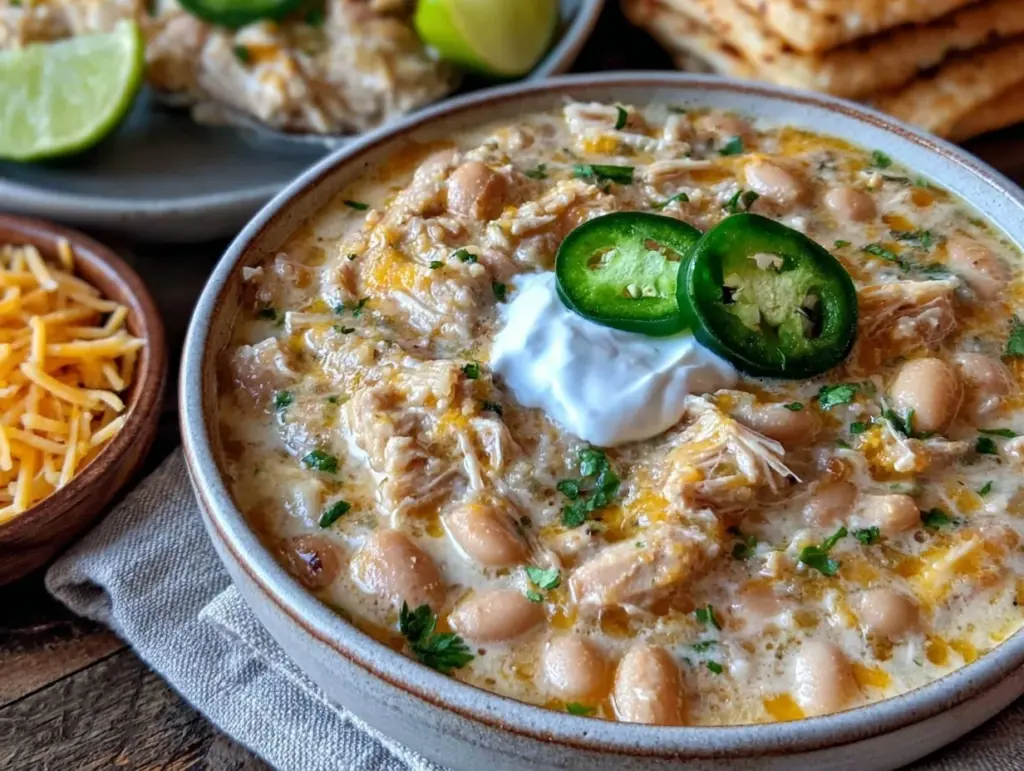 creamy crockpot white chicken chili - featured image