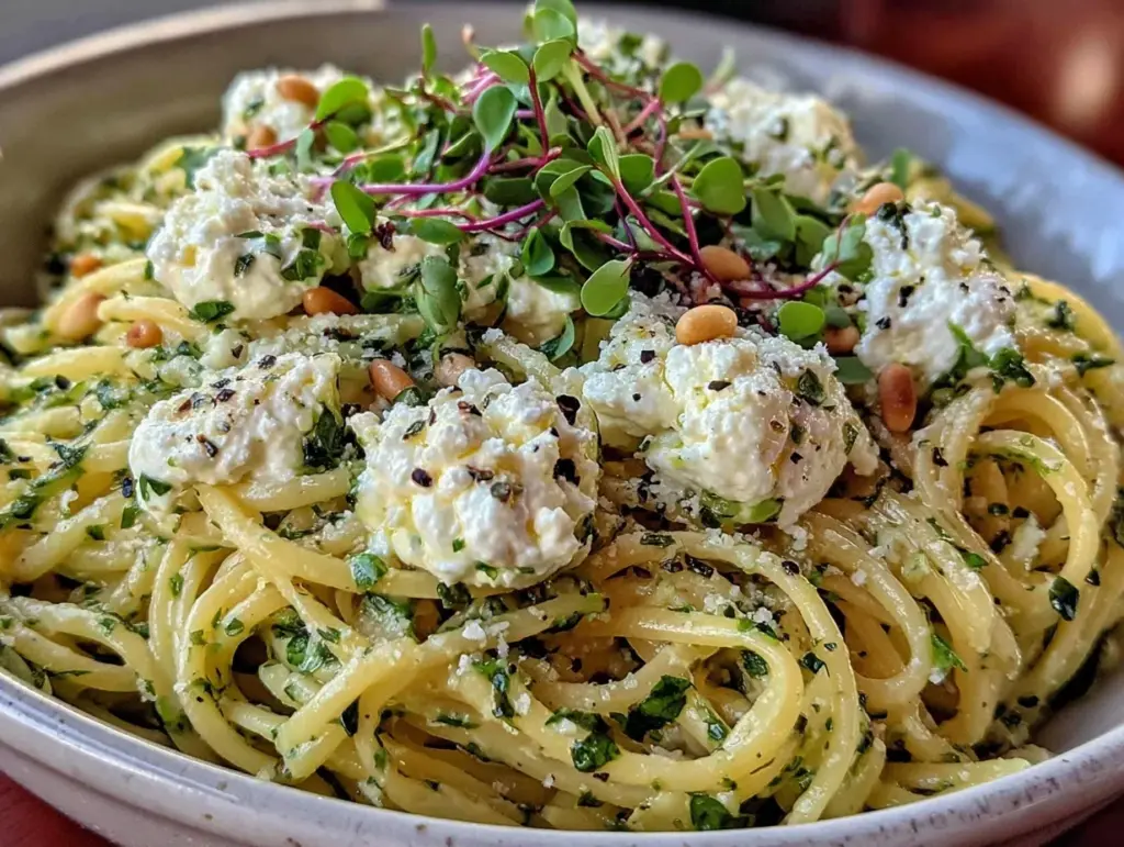 creamy fresh herb pasta with goat cheese - featured image
