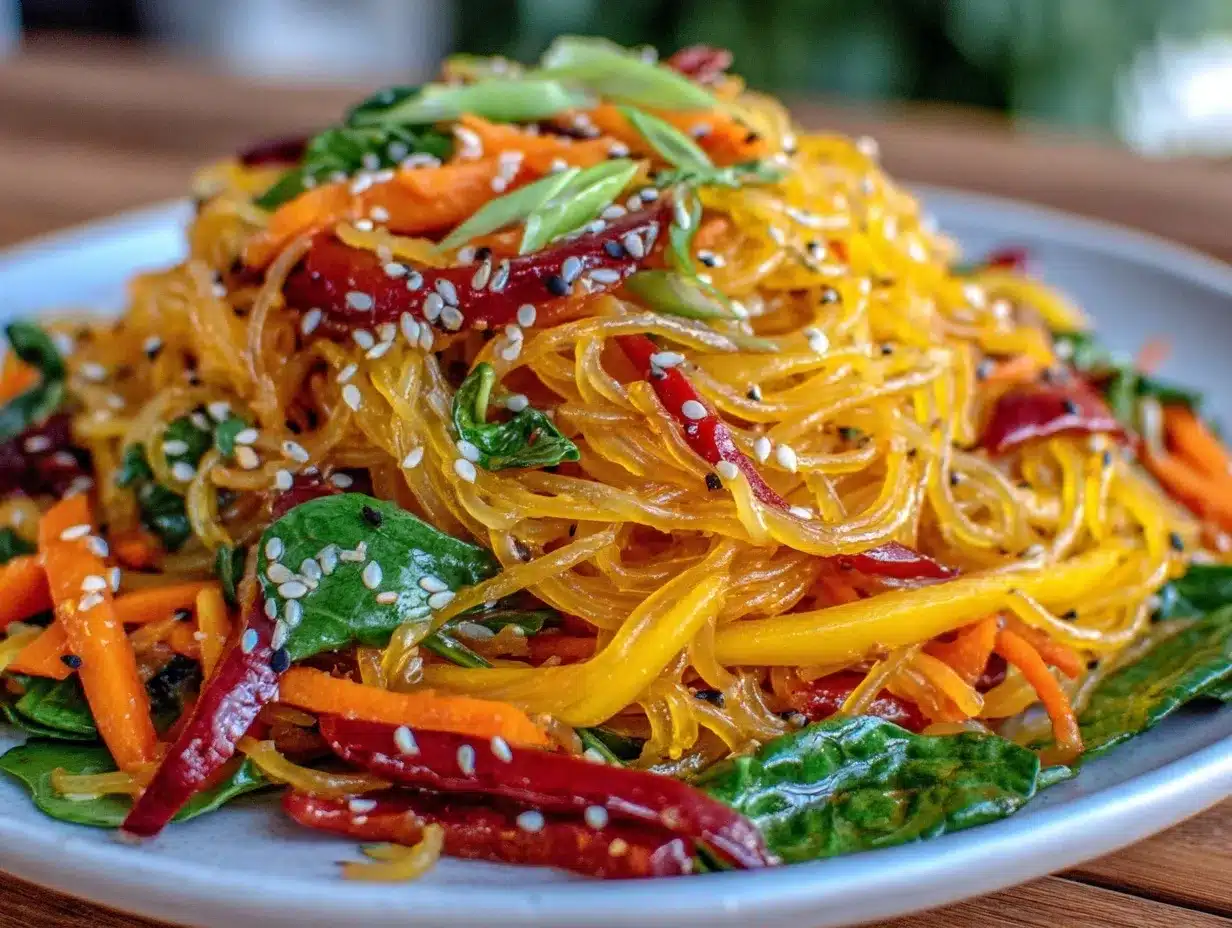 Korean japchae sweet potato noodle salad preparation steps