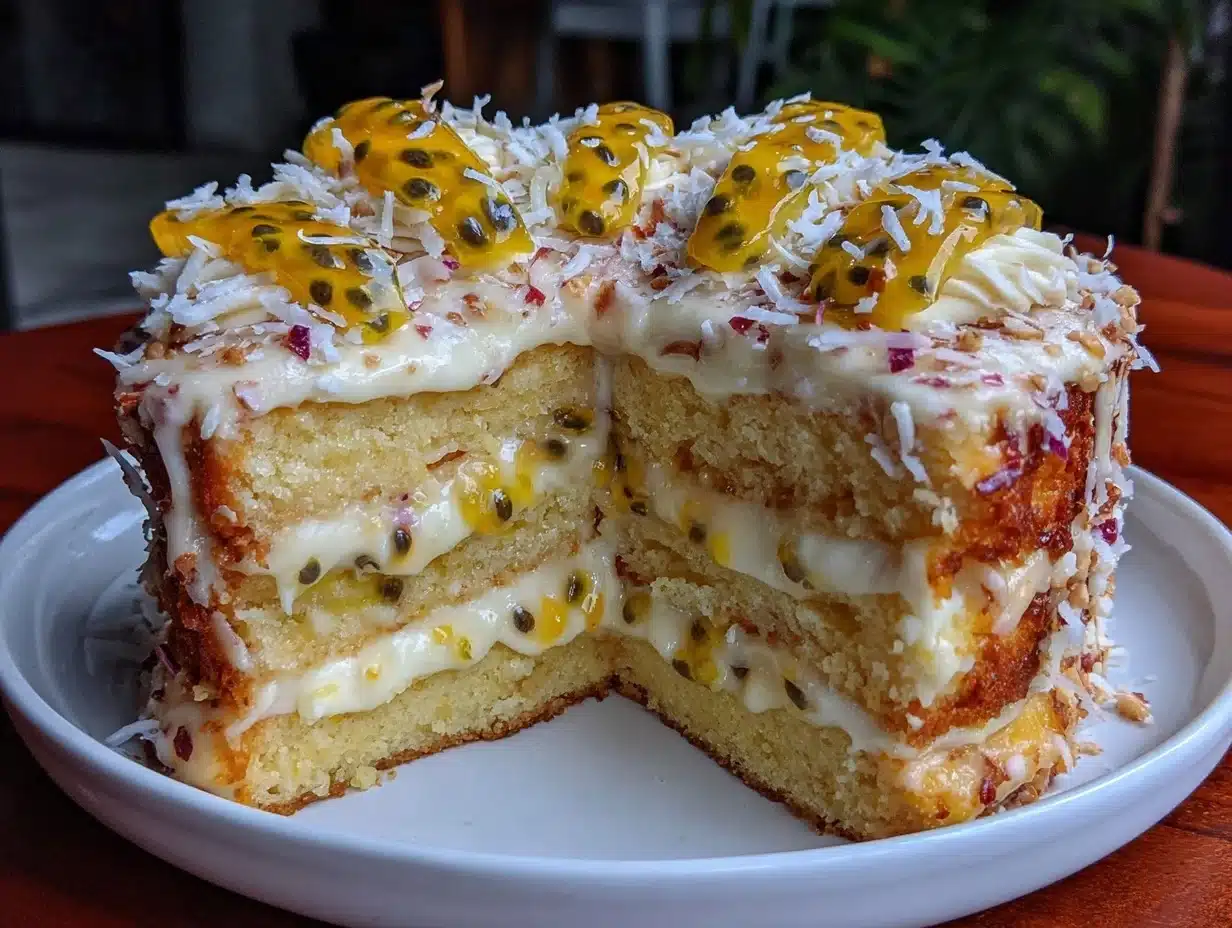 coconut mango layer cake - featured image