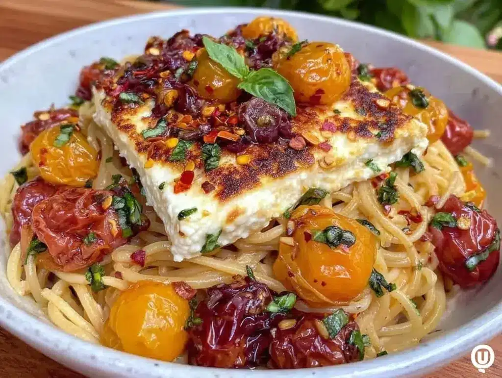 creamy baked feta tomato pasta - featured image