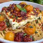 creamy baked feta tomato pasta - featured image