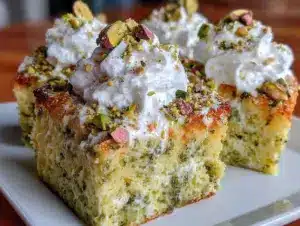 creamy pistachio pudding poke cake - featured image
