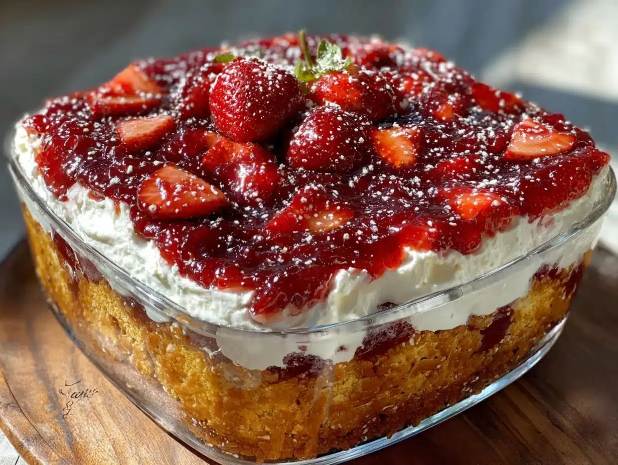 creamy strawberry pretzel jello salad - featured image