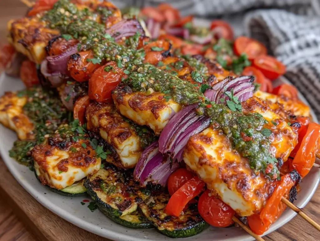 grilled halloumi veggie skewers - featured image