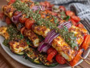 grilled halloumi veggie skewers - featured image