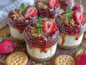 no bake strawberry cheesecake jars - featured image