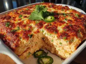 creamy green chile chicken enchilada casserole - featured image