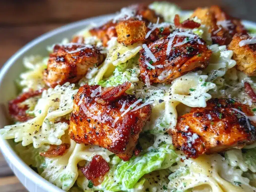 creamy leftover rotisserie chicken caesar pasta salad - featured image