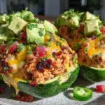 shredded rotisserie chicken enchilada stuffed zucchini boats - featured image