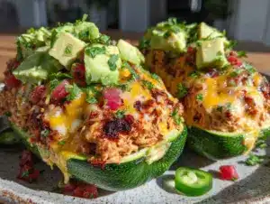 shredded rotisserie chicken enchilada stuffed zucchini boats - featured image