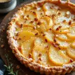 vanilla poached pear and almond tart - featured image