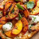 creamy grilled peach and burrata flatbread - featured image