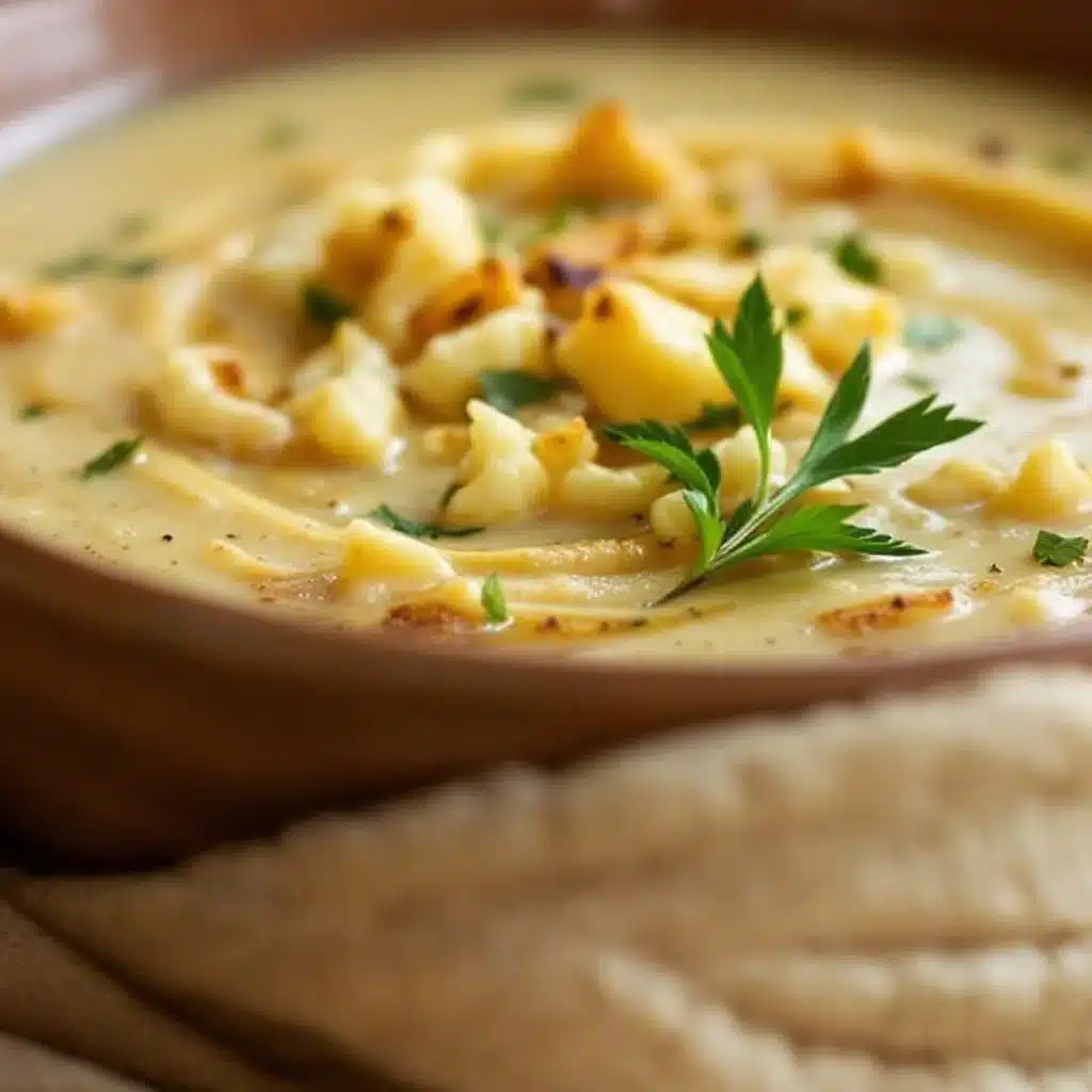 creamy roasted garlic cauliflower soup - featured image