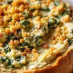 creamy spinach artichoke dip in a bread bowl - featured image