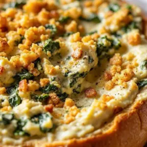 creamy spinach artichoke dip in a bread bowl - featured image