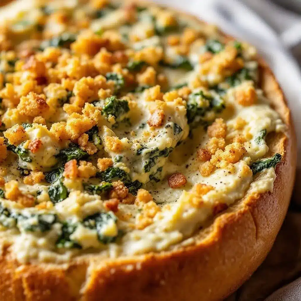 creamy spinach artichoke dip in a bread bowl preparation steps