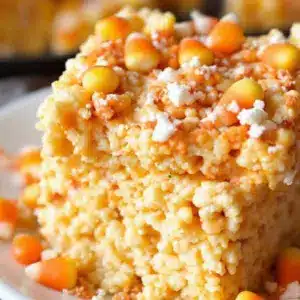 crispy candy corn rice krispie treats - featured image